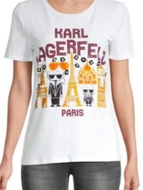 KARL LAGERFELD "KARL AROUND THE WORLD" WHITE GRAPHIC T-SHIRT. SIZE X-LARGE.